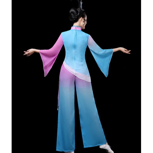 Women's girls violet with blue chinese folk dance costumes ancient traditional fairy yangko umbrella dance dresses